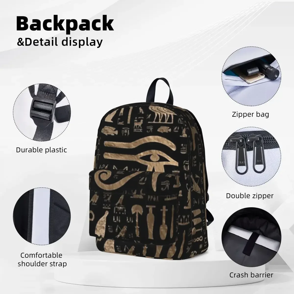 Ancient Egyptian Hieroglyphs - Black And Gold Backpack Casual Student School Bag Laptop Rucksack Travel Rucksack Bookbag