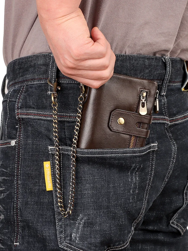 Western RFID Blocking Cowhide Leather Three Floded Chain Men Belt Large Capacity Card Slots Coin Purse for Mens