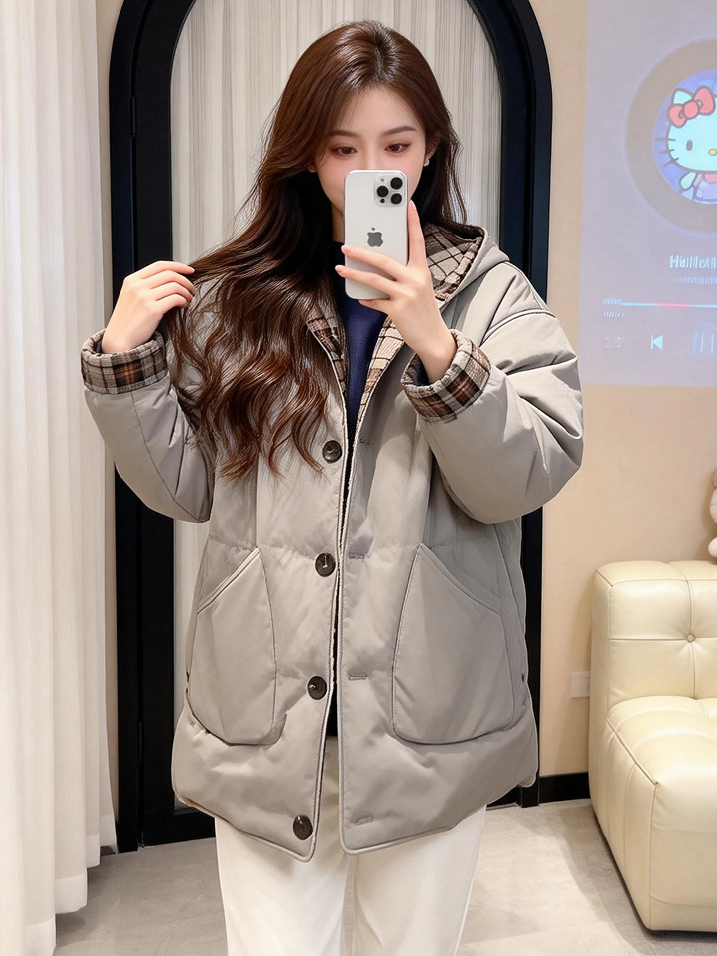 

Retro Plaid Slim Fit Cotton Jacket Double Sided Wear Thick Warm Hooded Cotton Coat Korean Style Loose Fit Long Sleeve Winter ...