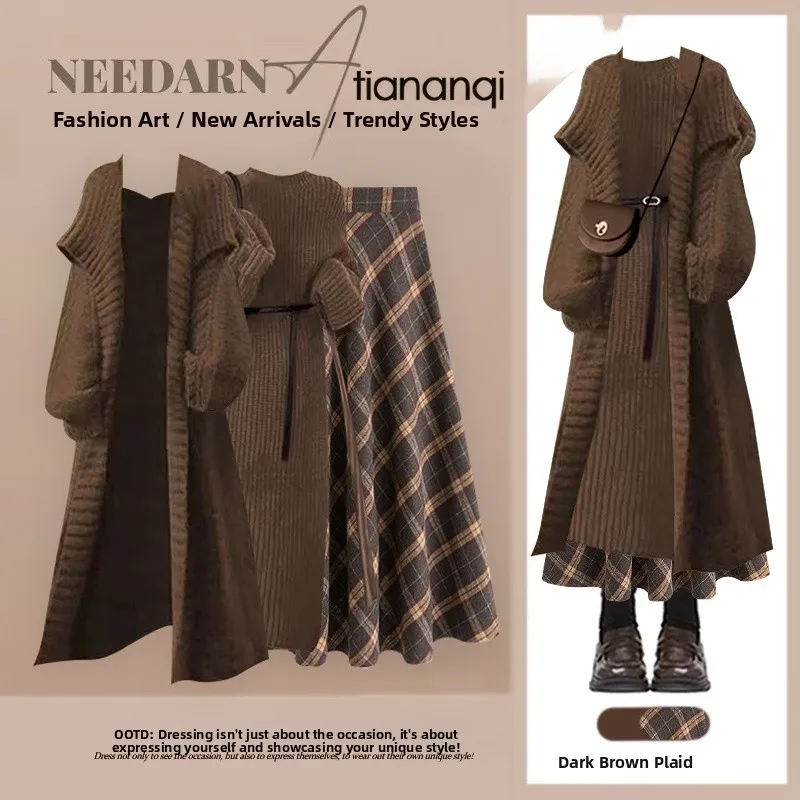 

Autumn Winter High Waist Plaid Skirt Tee Piece Set Women's Knitted Cardigan Casual Sle Faionable Quali Adult Clothing