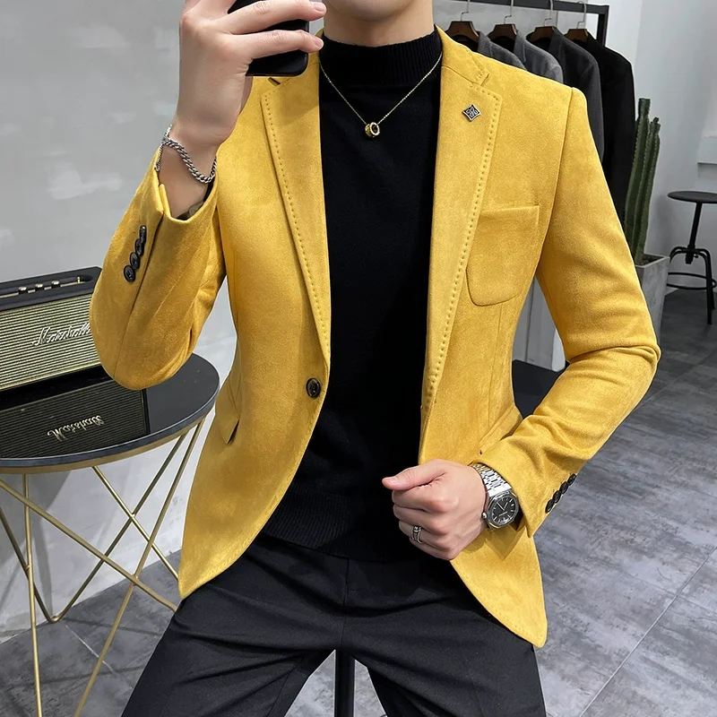 Men\'s Deerskin Fleece Jacket Suit Coat Blazer Men\'s Business Leisure Slim Fit Brand Fashion High Quality Single Button Suit Coat