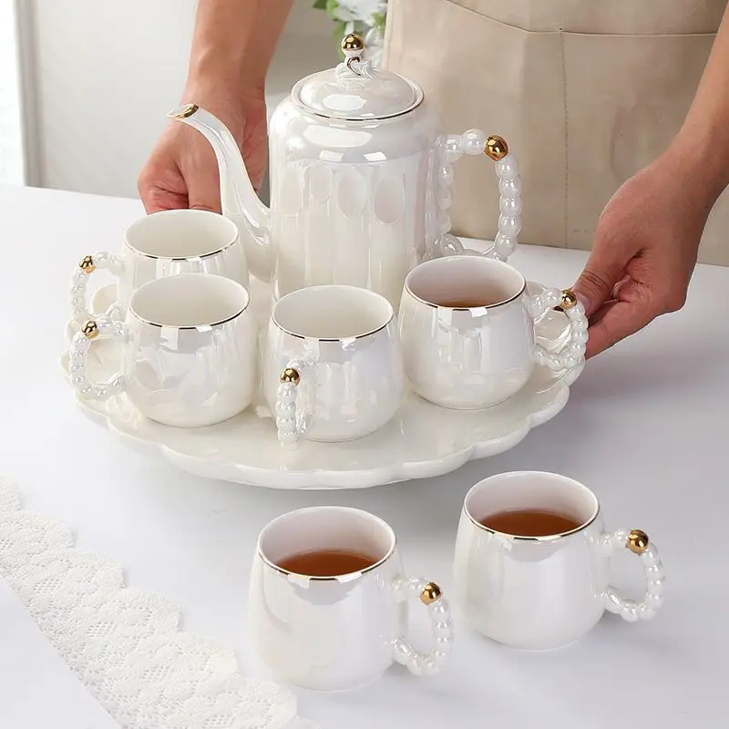 Light luxury pearl ceramic water set, cold water set, household tea set, living room coffee pot, coffee cup set