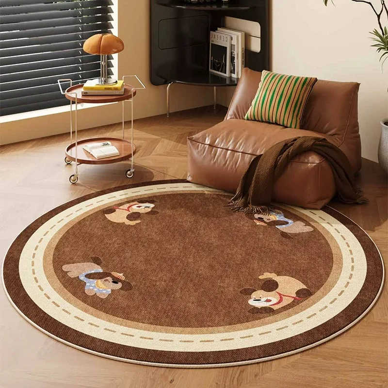 Round Living Room Carpet Stain-resistant Wear-resistant Floor Mat Brown Cartoon Puppy Pattern Rug Large Size Home Decor Rugs