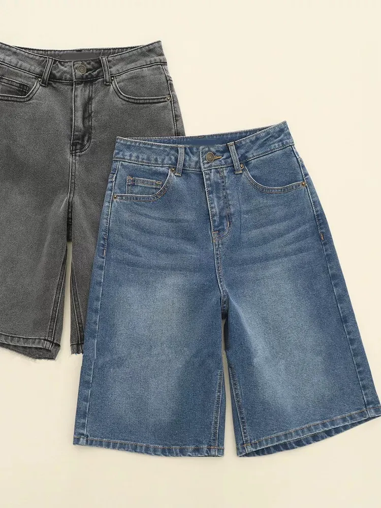 

High Waist Wide Leg Cotton Bermuda Shorts Women's Summer Loose Fit Washed Denim Pants Elegant Commuter Five-Quarter Length