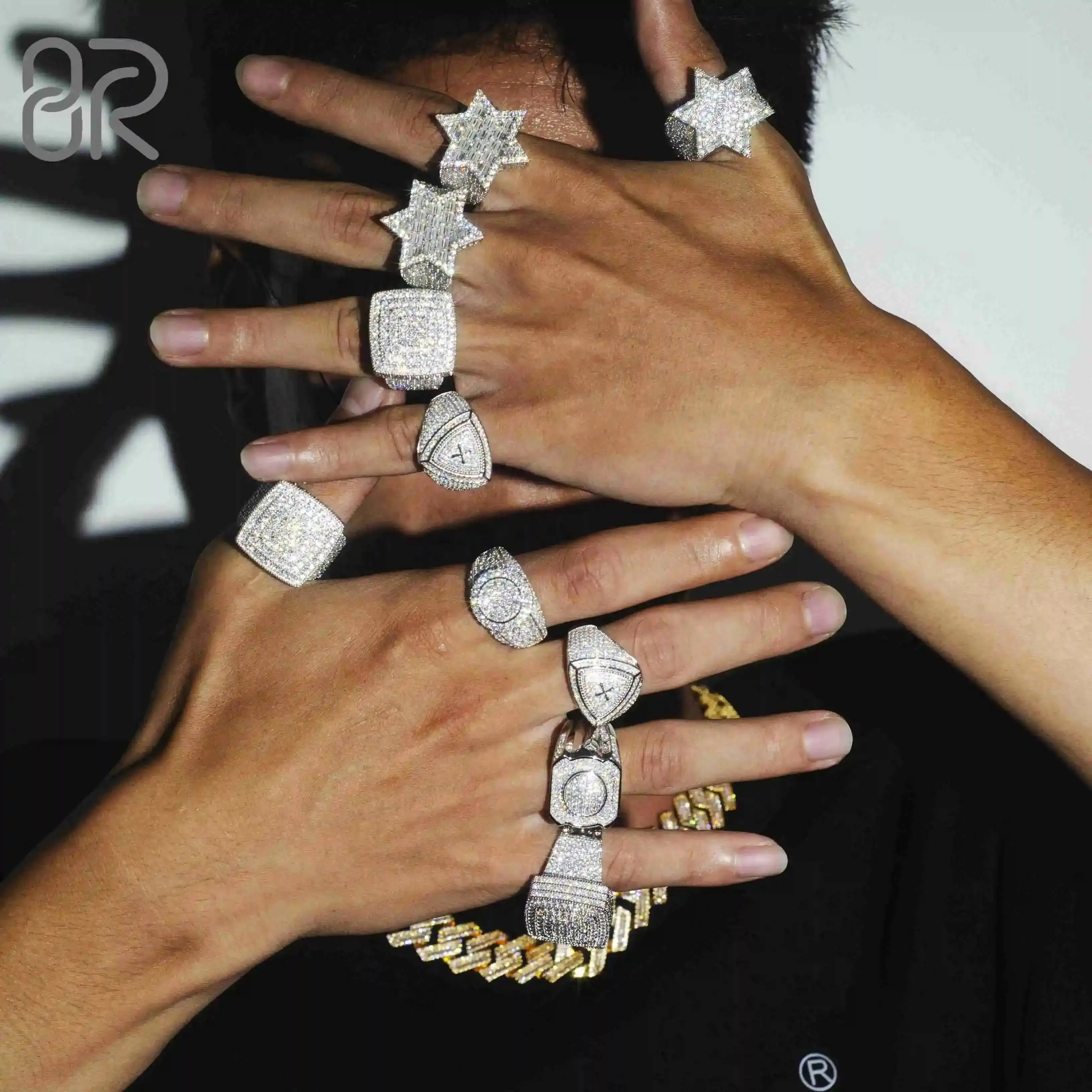

Custom Hip Hop 14K 18K Vvs Moissanite Cross Six-pointed Star Rings Iced Out 925 Silver Diamond Cuban Link Ring Jewelry Men
