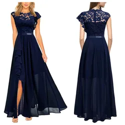 Vestido de noche largo de gasa con encaje, vestido de fiesta de boda, rojo vino, azul marino, negro, verde, venta al por mayor, con abertura en Amazon, # SZSY-SS01