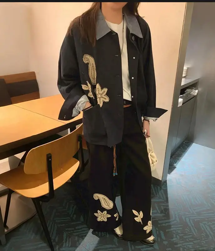 

Женский винтажный костюм-двойка с вышивкой 2021, куртка с длинными рукавами и лацканами или повседневные широкие брюки