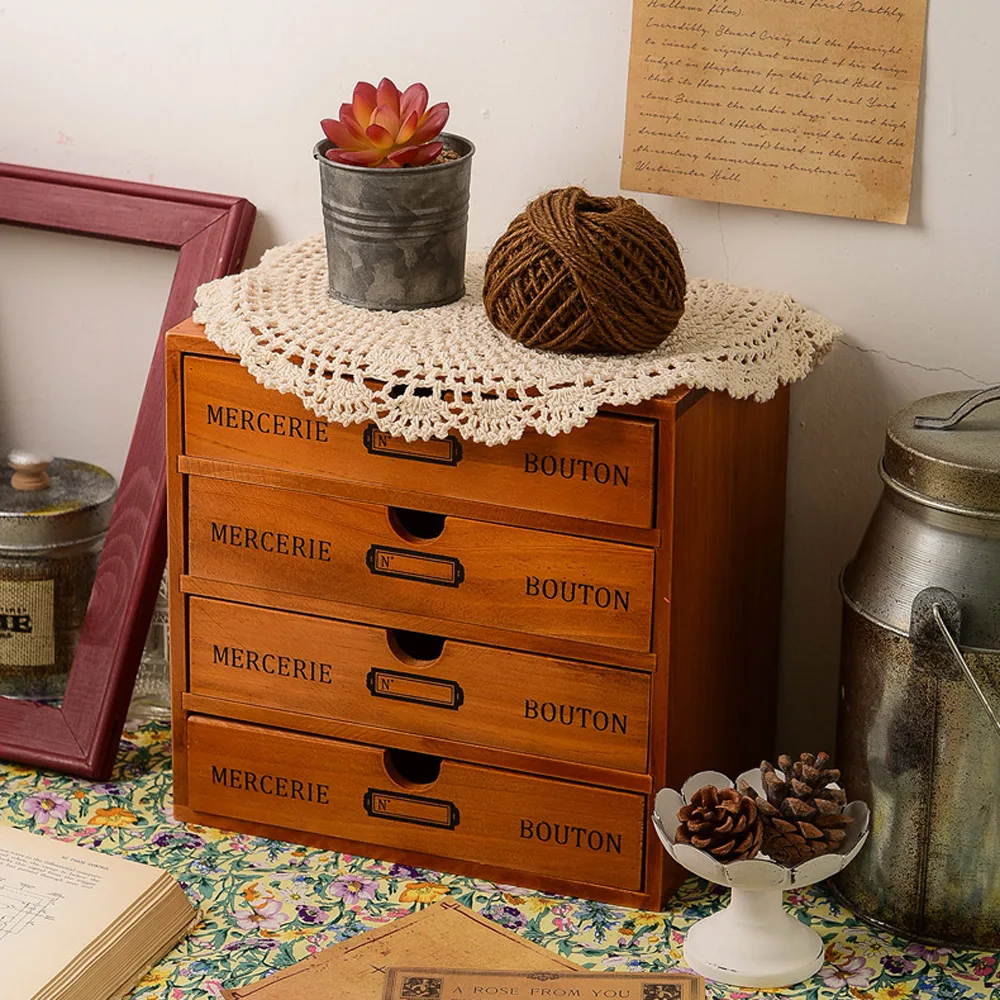 

4 Drawers Home Office Desk Organizer Wooden Storage Box Rustic Dresser Vintage Look for School & Office Supplies with Label