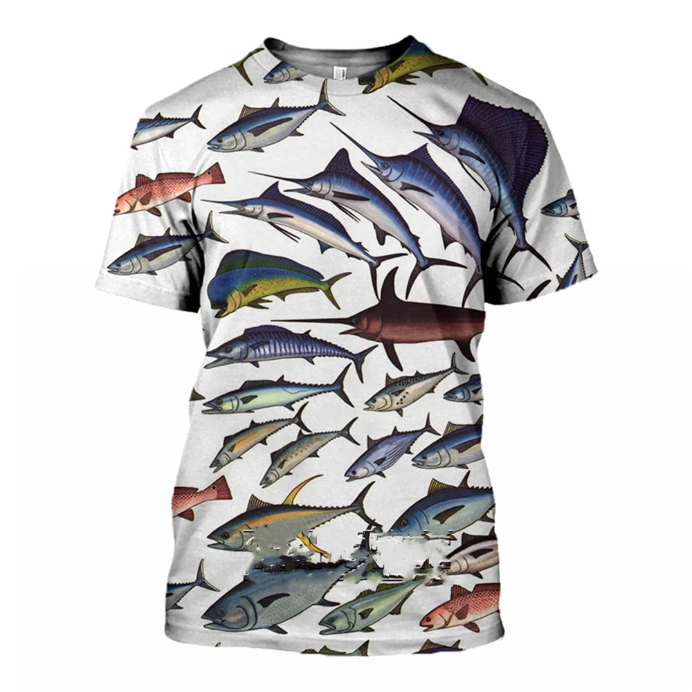 Men's tuna 3D printed short sleeved fishing T-shirt, casual hip-hop loose top, marine fish personality, fashion trend, summer