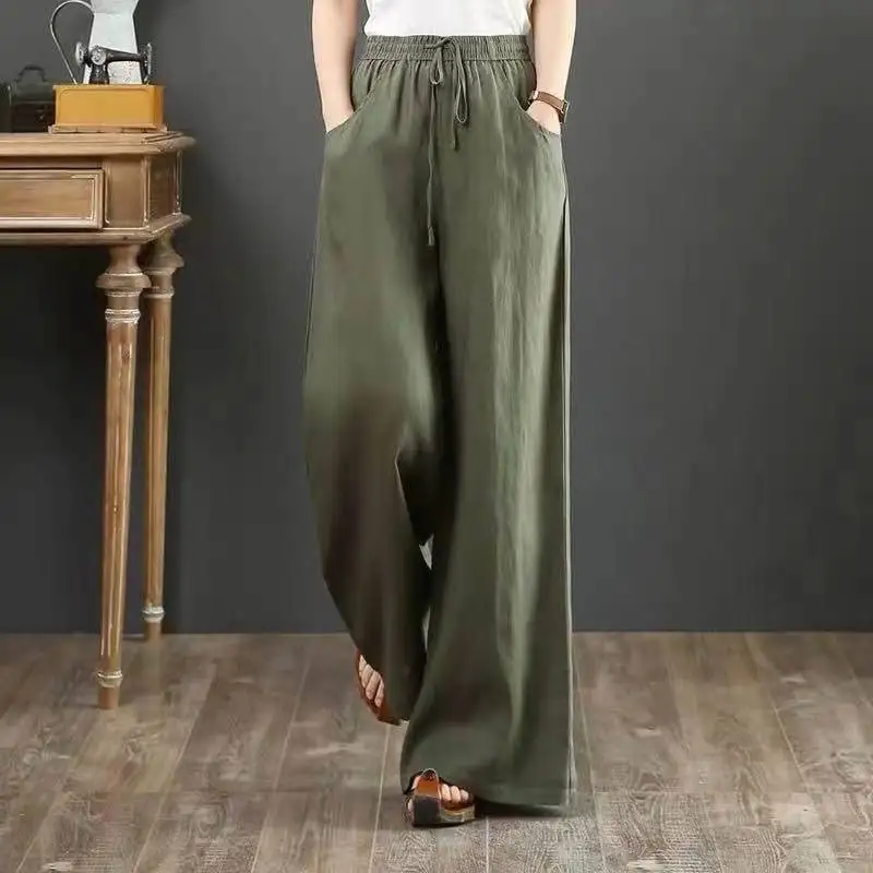 Cotton and Linen Women's Pants Loose Large Size Wide-leg Pants Spring Summer  High Waist Mopping  Straight-leg Pants 2025