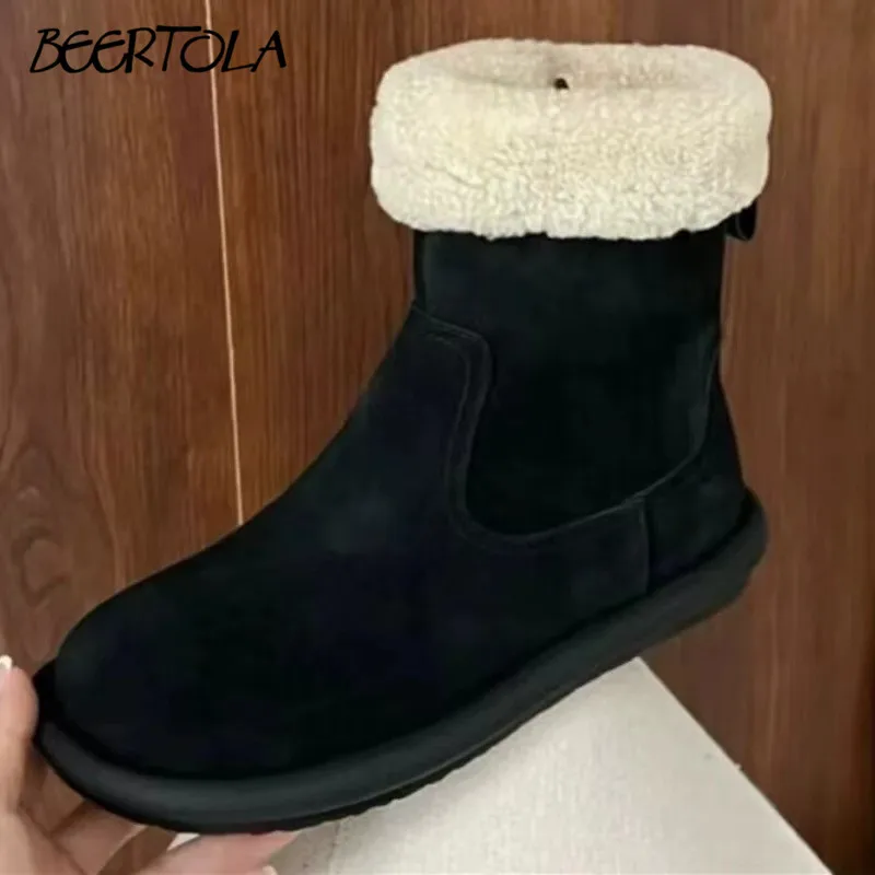 Fur and Leather Snow Boots Plus Velvet Thick Warm Cotton Shoes Frosted Flat Bottom Comfortable Winter Casual Short Boots