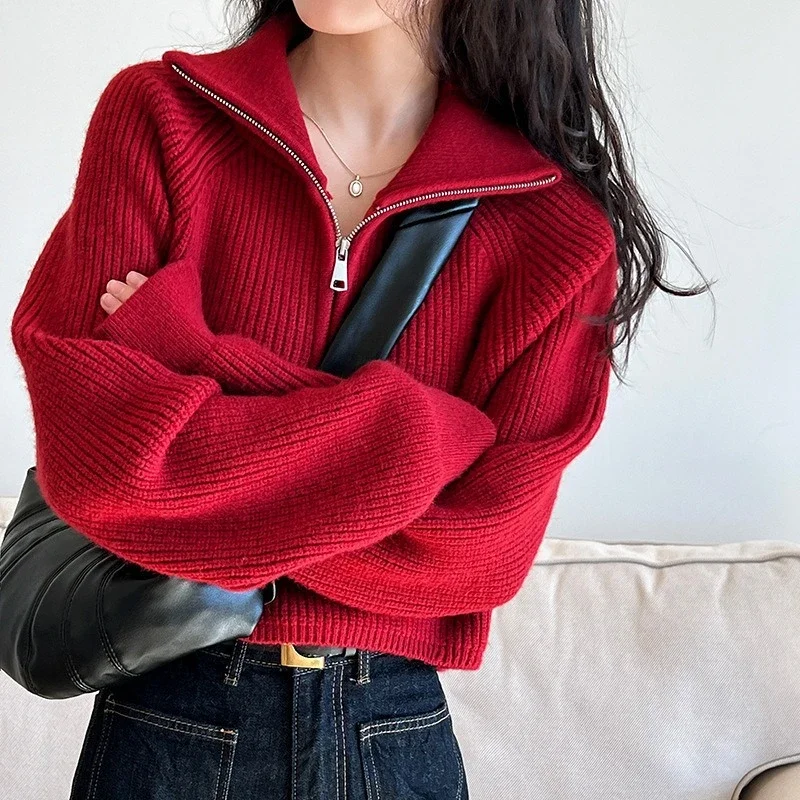 

Autumn Winter Zipper Sweaters Women Solid Color High Neck Knitted Pullover Solid Red Loose Turndown Collar Women's Turtleneck