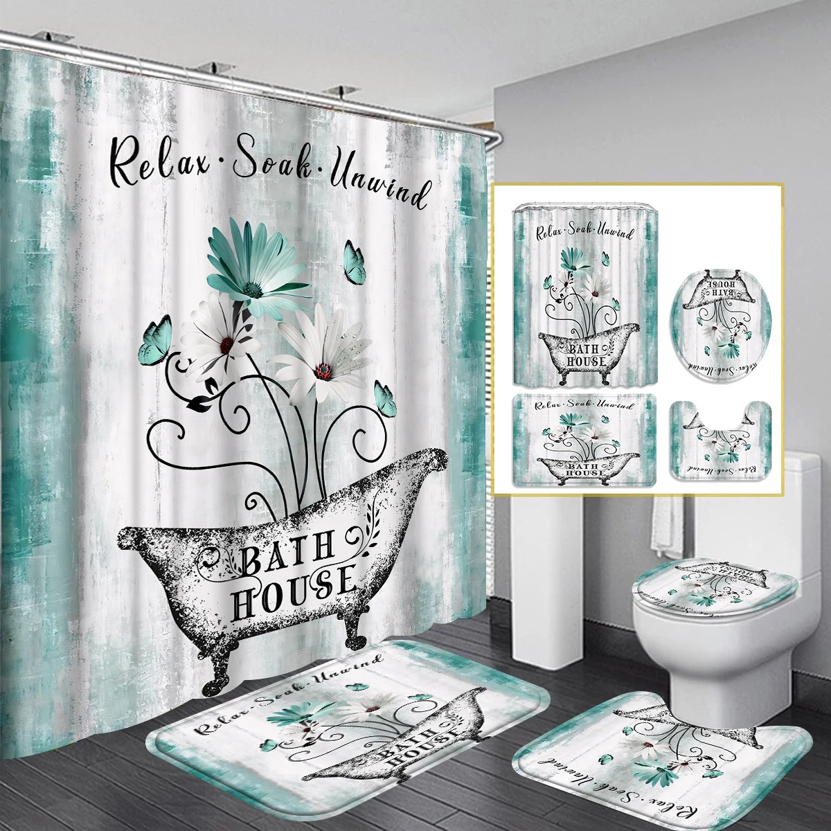 1/4 Piece Shower Curtain Set, Waterproof Bathroom Partition Curtain with Hooks, Anti-Slip Bath Rug, U Shape Mat, Toilet Seat Cov