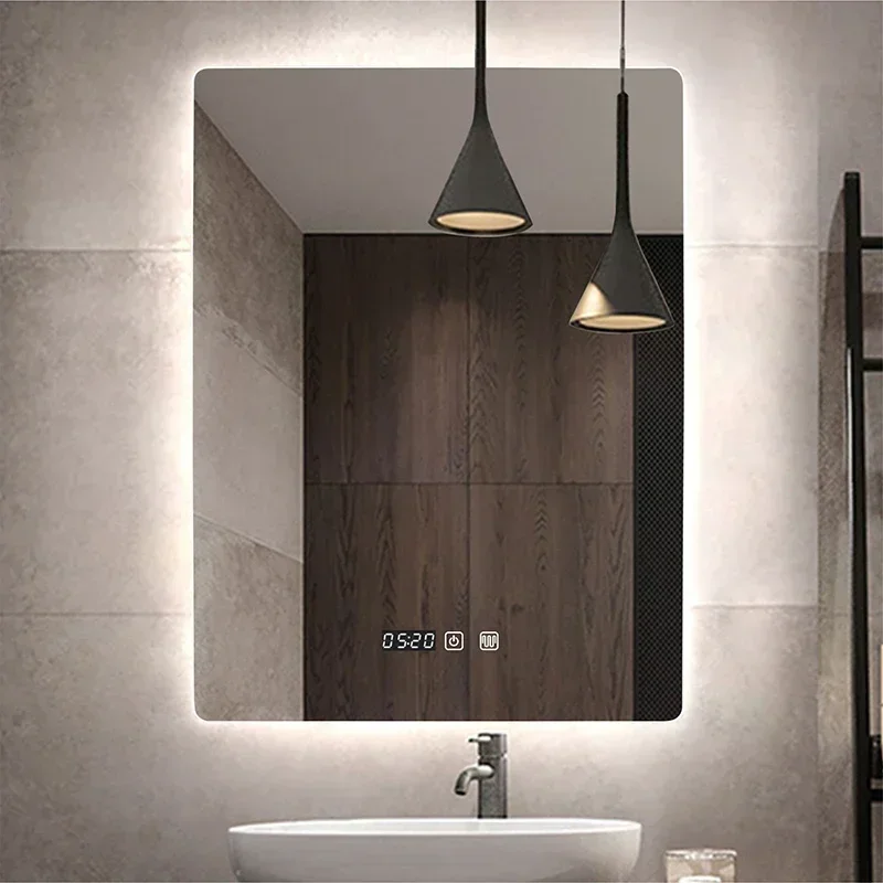 Practical Rectangle Bathroom Mirror Human-body Induction+Bluetooth+3 Color LED+Dimmer+Defogging+Time/Temperature
