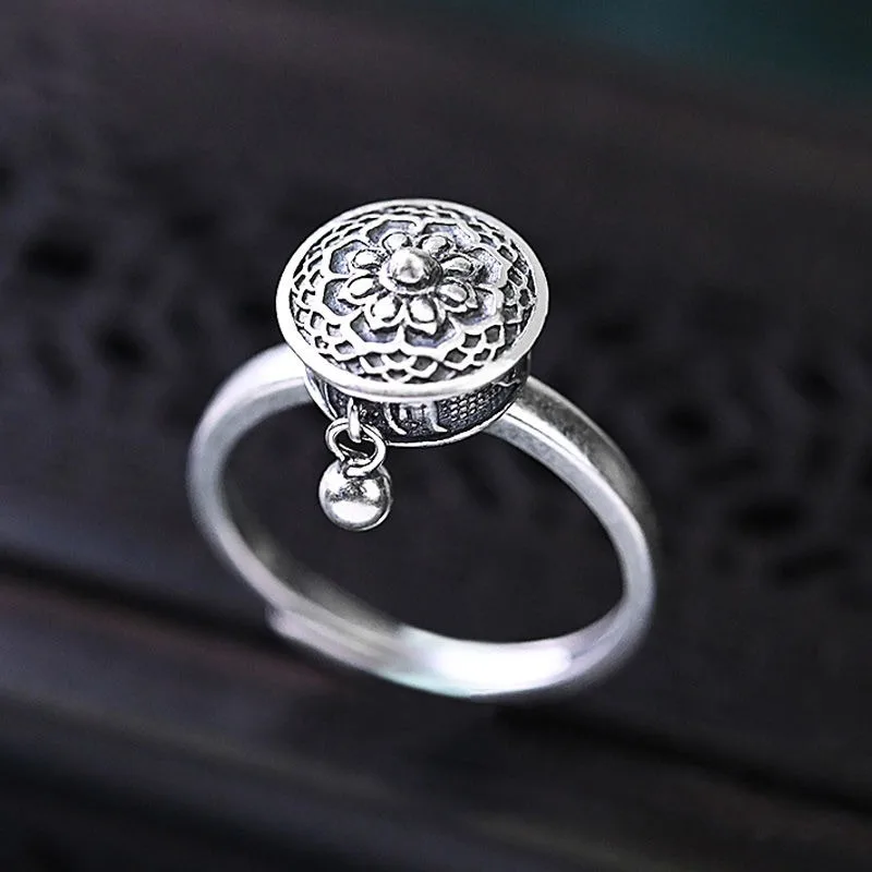 Ethnic style creative retro bead charm can turn Thai silver flower temperament opening adjustable couple ring