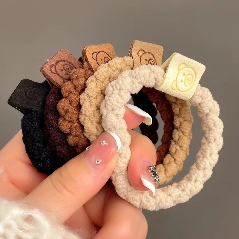 New Women Cute Little Bear Plush Hair Ring Girl\'s Curly Hair Rope Khaki Fashion Lovely Hair Circle Hair Tie Headwear Accessories