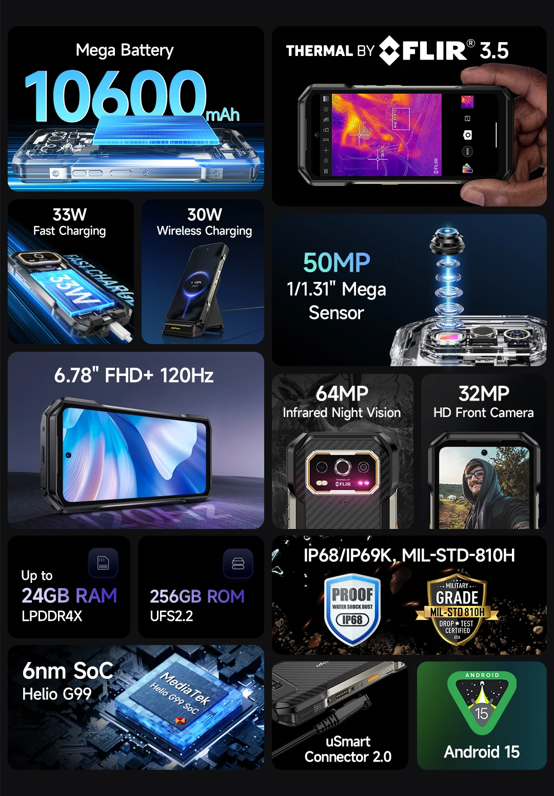 Ulefone Armor 27T+ 4G THERMAL BY FLIR® Rugged Phone 10600mAh Up to 24GB+256GB 6.78"FHD 120Hz Night Vision Android 15 Smartphone