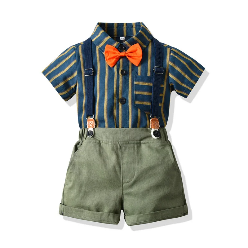 

1-3 years old summer bow short sleeve striped shirt boy suspenders shorts two sets wholesale children