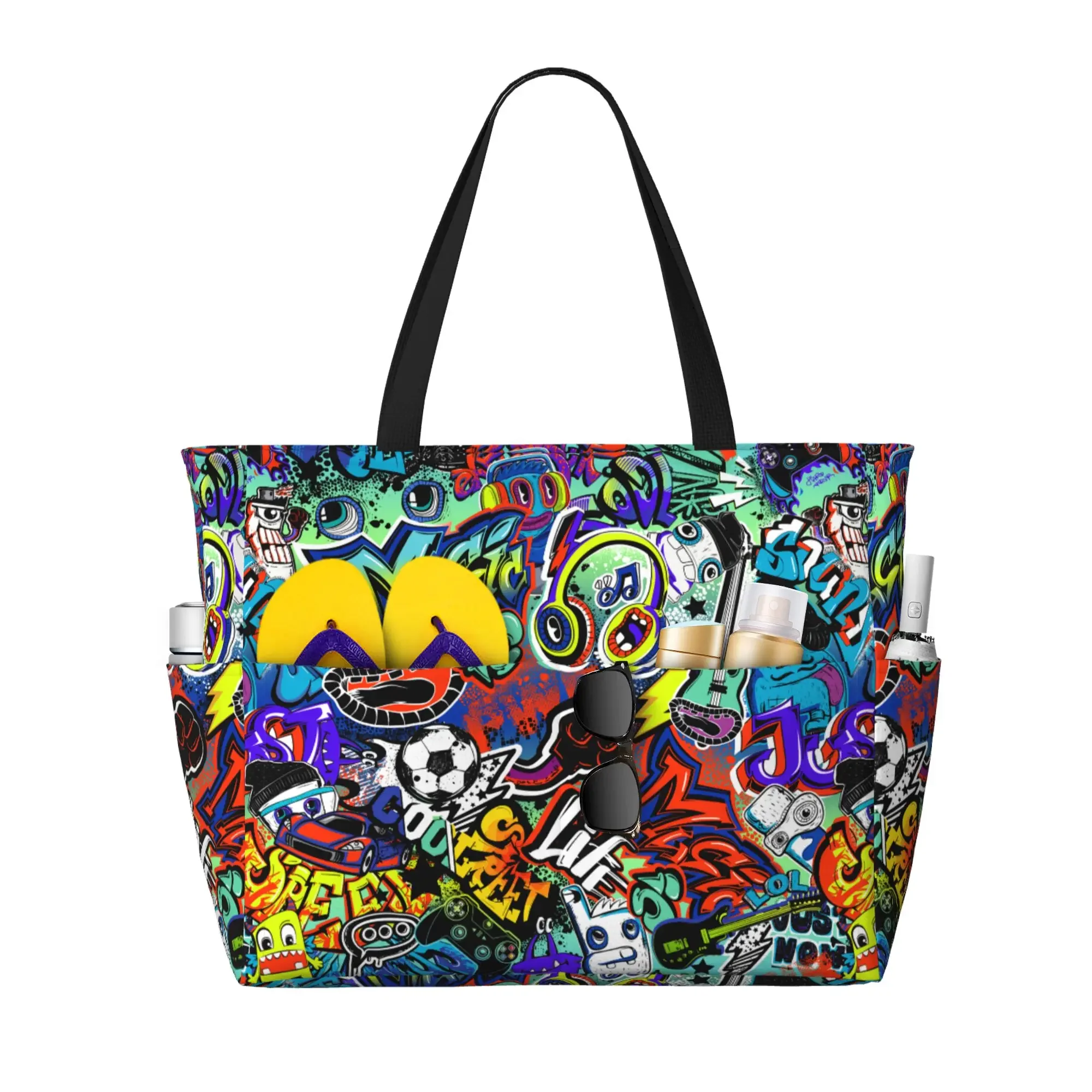 Graffiti Waterproof Beach Tote Bags for Women Ladies Large Capacity Storage Bags Handbag Shoulder Bag for Travel Vacation Swim