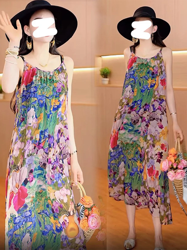 Elegancka letnia spódnica w kwiatowy wzór na cienkich ramiączkach, damska, do pracy, przeciwstarzeniowa, koreańska, luźna, z elastyczną talią, oddychająca, w kształcie litery A...