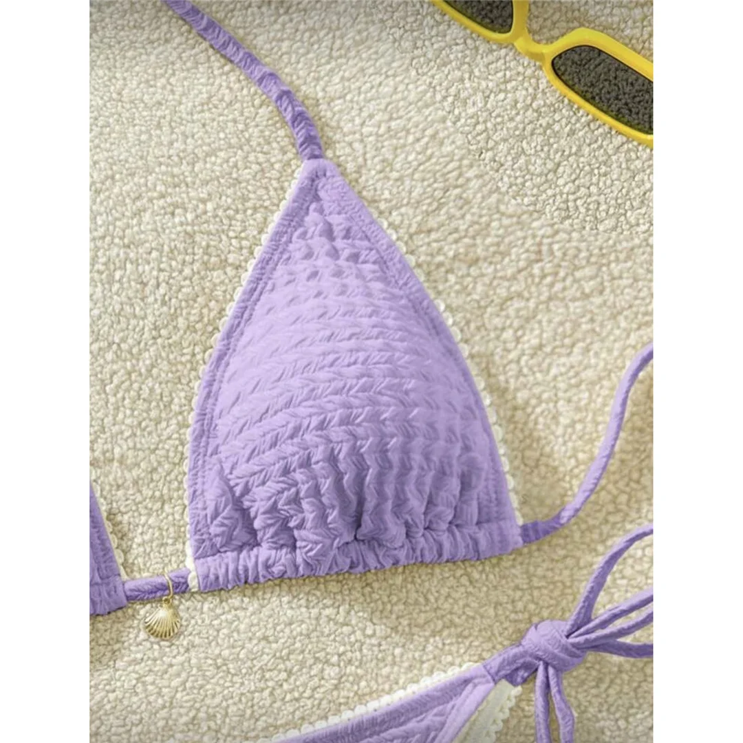 Zweiteiliges Bikini-Set mit hoch geschnittenen Beinen, Badeanzug, Badebekleidung, geraffter, knitteriger Halter-Bikini, Damen-Badebekleidung, Damen-Badeanzug M125 – Detail 10