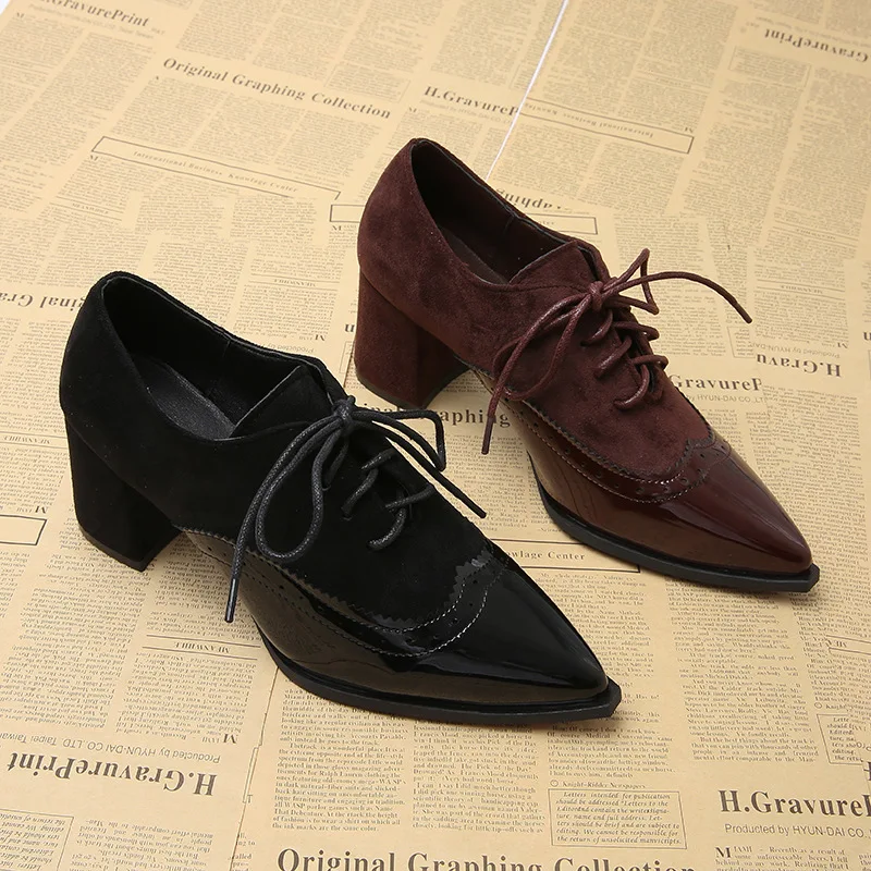 

Женские повседневные туфли на высоком каблуке с острым носком на шнуровке, удобные маленькие кожаные туфли