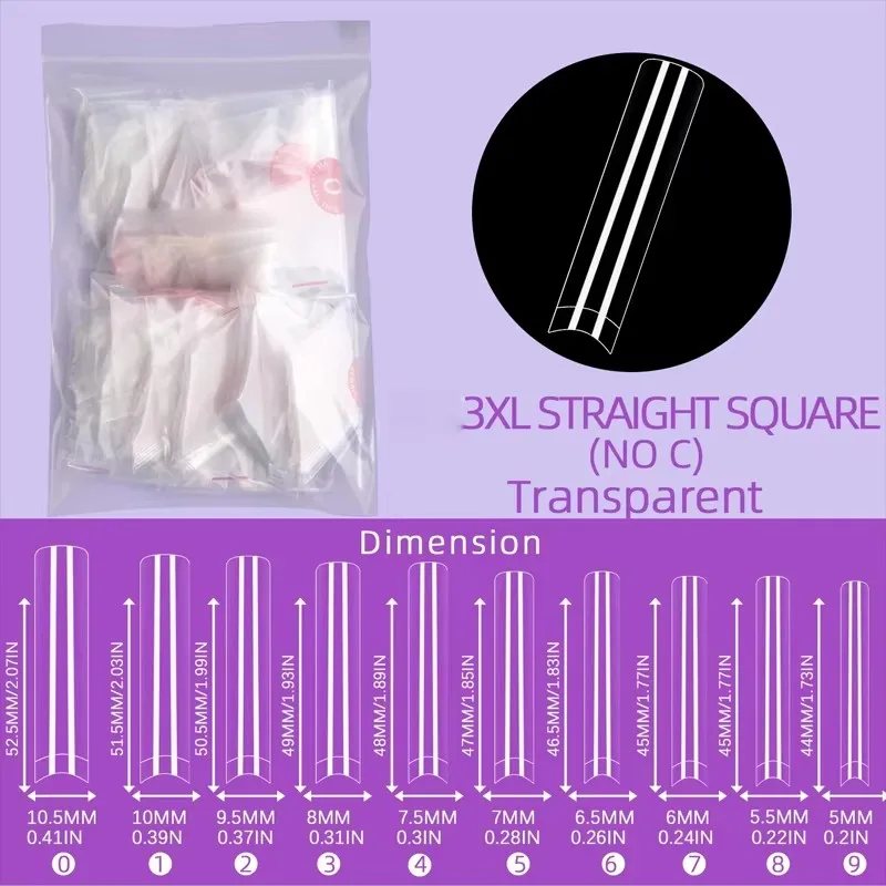 500 Stück C-Kurven-freie Nagelspitzen in den Größen 2XL/3XL, professionelles Set, rechtwinklig zulaufende quadratische transparente Nagelspitzen, halbbedeckende lange künstliche Nagelspitzen – Detail 6