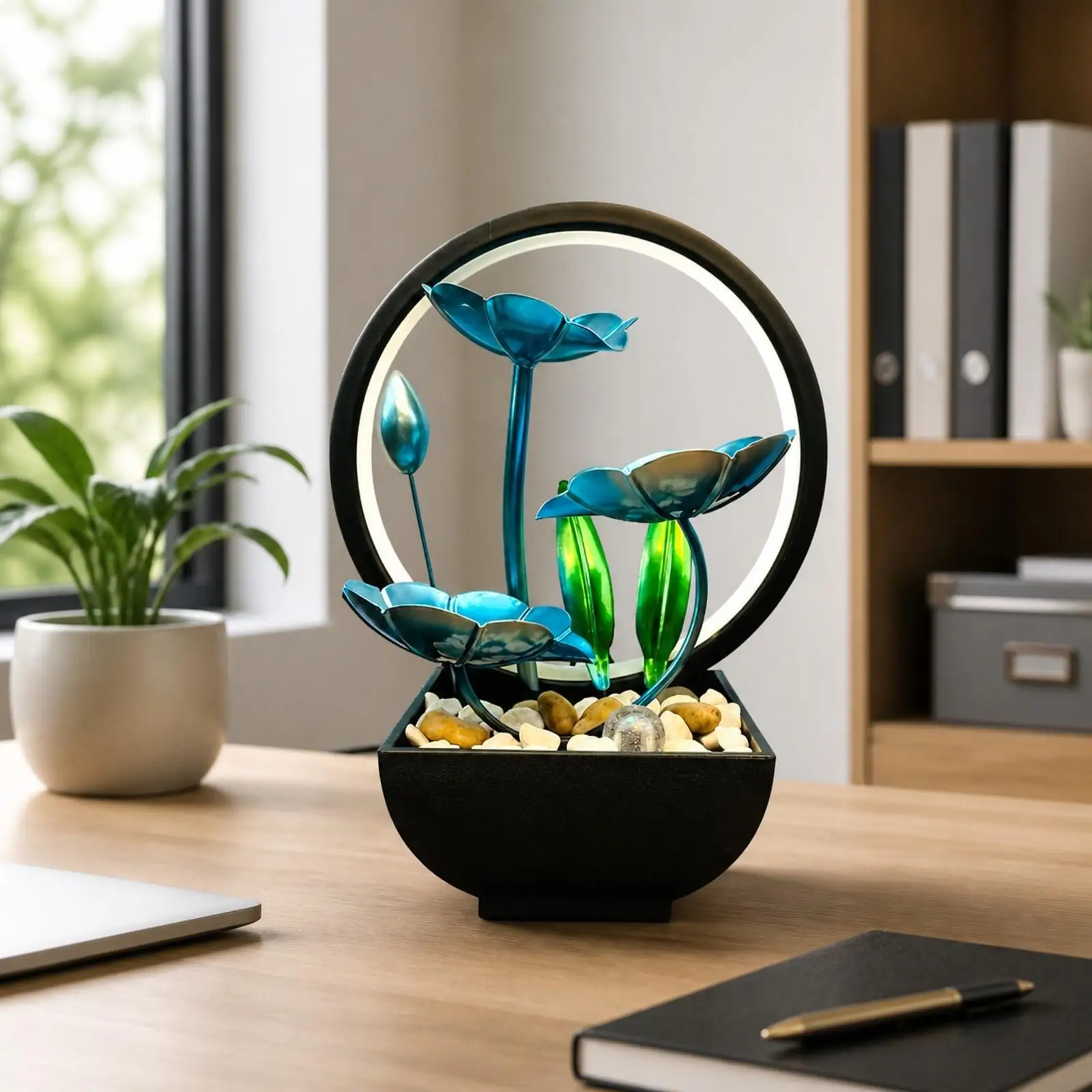 Indoor Metal Water Fountain Pump with Decorative Stones and Illuminated Loop for Tabletop Relaxing Ambience