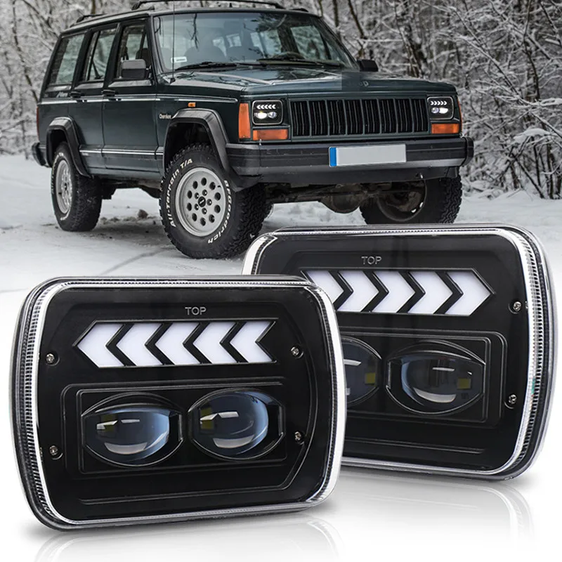 2pcs 9-30V Led Headlight 5x7 Rectangular White DRL Amber Flow Turn Signal Halo For Jeep -Wrangler YJ Cherokee XJ MJ Chevy