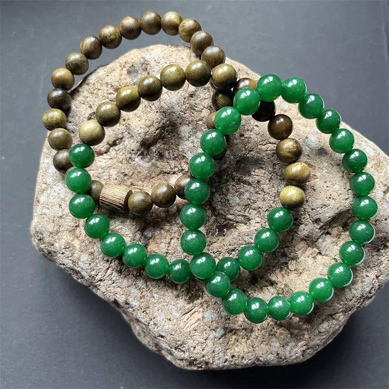 8MM Green Jade Bracelet Sandalwood Wood Natural Stone Jewelry Noble Elegant Exquisite Beaded Hand ChainWomen Boho Geometric