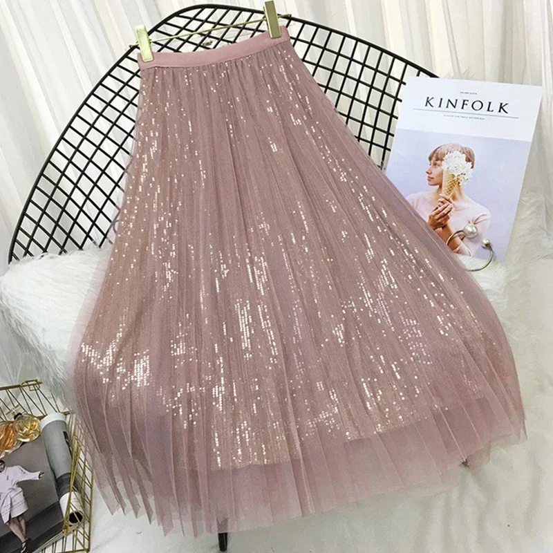 

Fashion Sequined Long Tulle Skirt Women Aesthetic Korean Casual A Line Elastic High Waist Midi Mesh Female Pink Z537