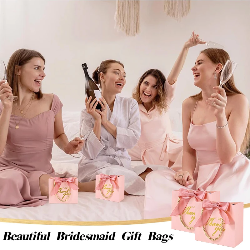 20/30/50 قطعة شكرا لك حقائب للهدايا قابلة لإعادة الاستخدام أكياس الحفلات الورقية مع مقابض الذهب القوس الشريط أكياس صغيرة الوردي للحفلات لصالح عيد ميلاد