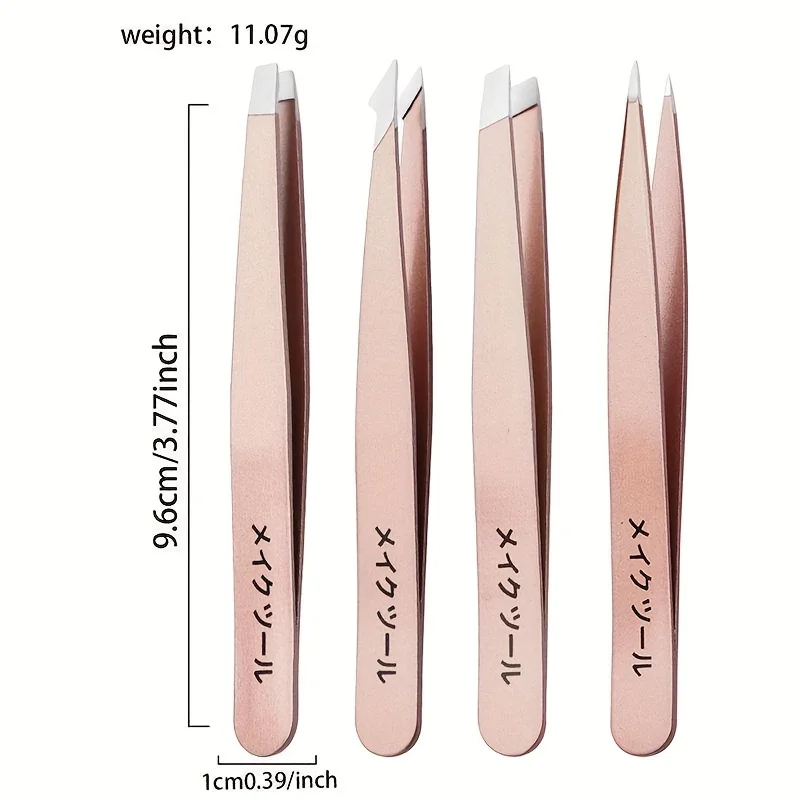 ชุดอุปกรณ์ตกแต่งคิ้ว 4 ชิ้น สีโรสโกลด์  แหนบปลายแหลม แหนบต่อขนตา คุณภาพสูง  แหนบปลายแบน แหนบปลายเฉียง  ชุดเสริมความงามคิ้ว  ทำจากสแตนเลส