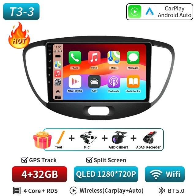 Android 16 CarPlay Auto 5G WIFI Autoradio Voor Hyundai i10 2007 2008 2009 2010 2011 2012 2013 GPS multimedia Spelerereo BT DVD