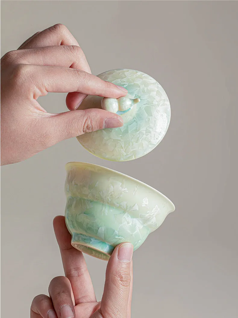 PYH gourd crystal gradual change green ice flower Sancai cover bowl teacup single high-grade tea anti-scalding hand