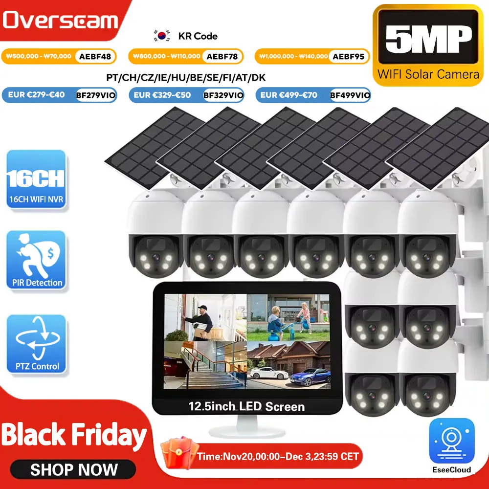 

16CH 5MP WIFI Солнечная PTZ IP-камера Система 12,5 "ЖК-экран Монитор NVR Комплект PIR Обнаружение Беспроводные камеры видеонаблюдения Видеонаблюдение