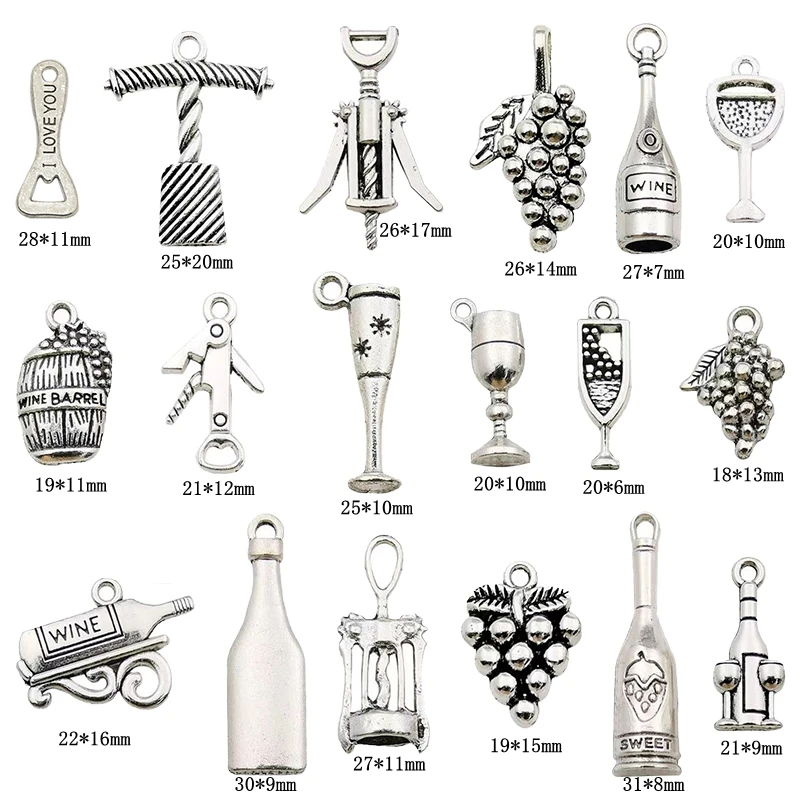 18pcs Mixed Wine Grape Cocktail Glass Wine Opener Charms Alloy Metal Tibetan Silver Pendants For DIY Jewelry Making And Crafting