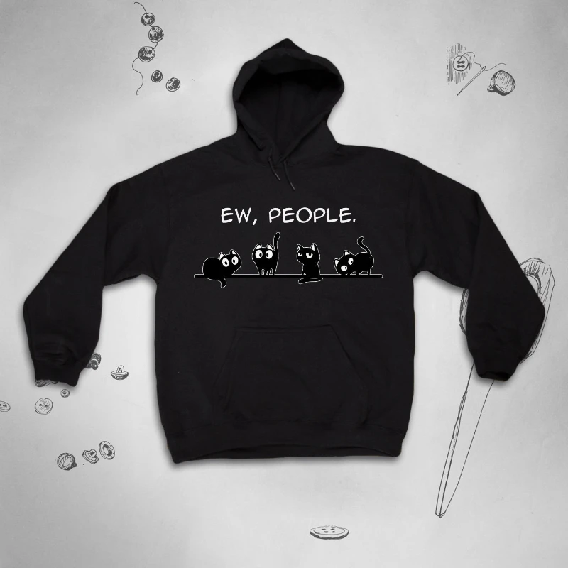

2025 Autumn and Winter Black Cats Hoodie for Women Men Cute Hoodie Trendy Kawaii Cat Saying Ew People Animals Design Sweatshirt
