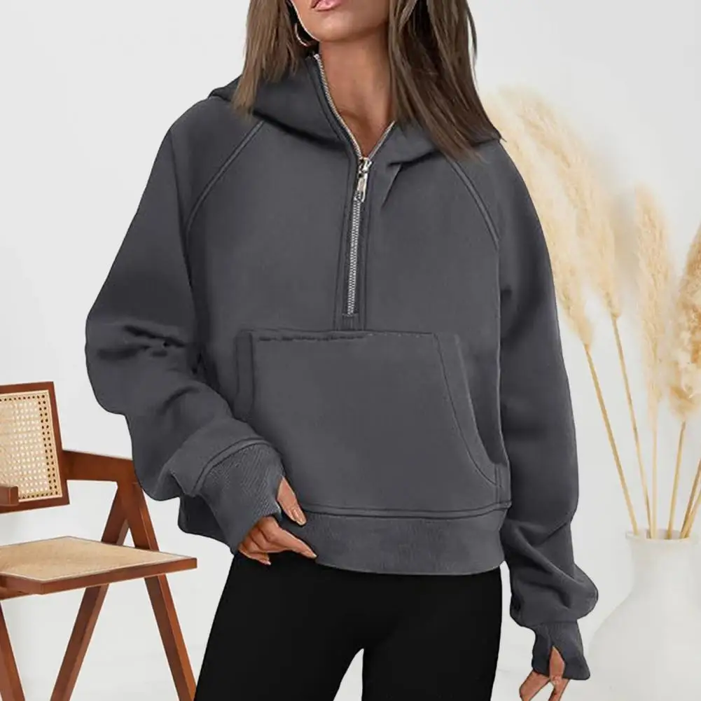 

Fall Winter Hoodie Hooded Half Zipper Pocket Long Sleeves Loose Thick Pure Color Elastic Cuff Daily Wear Casual Sport Top