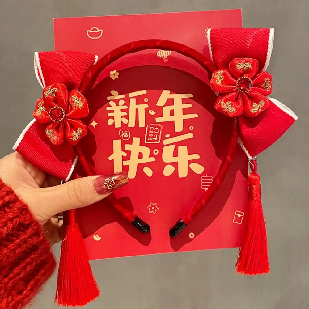 Red Hairband New Year Hair Band Tassel Flower Red Bow Headband Child Headwear Felt Hair Hoop Chinese Style Headdress