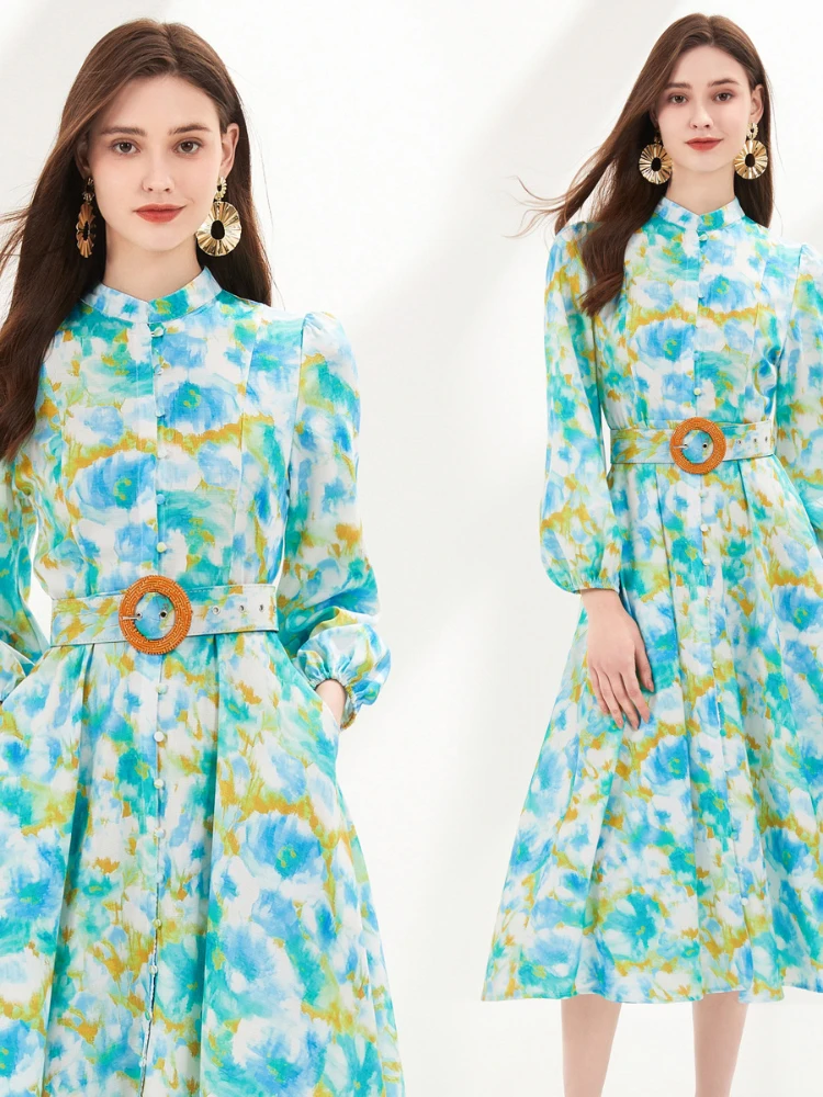 

Women Elegant Print Retro Long Sleeved Single Breasted Stand Neck High Waist Slim Dress Spring Party Vacation Belt Long Robe