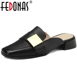 FEDONAS Women Sandals Genuine Leather Mules Metal Decoration Slippers Low Heels Square Toe Shoes Woman Spring Summer Casual