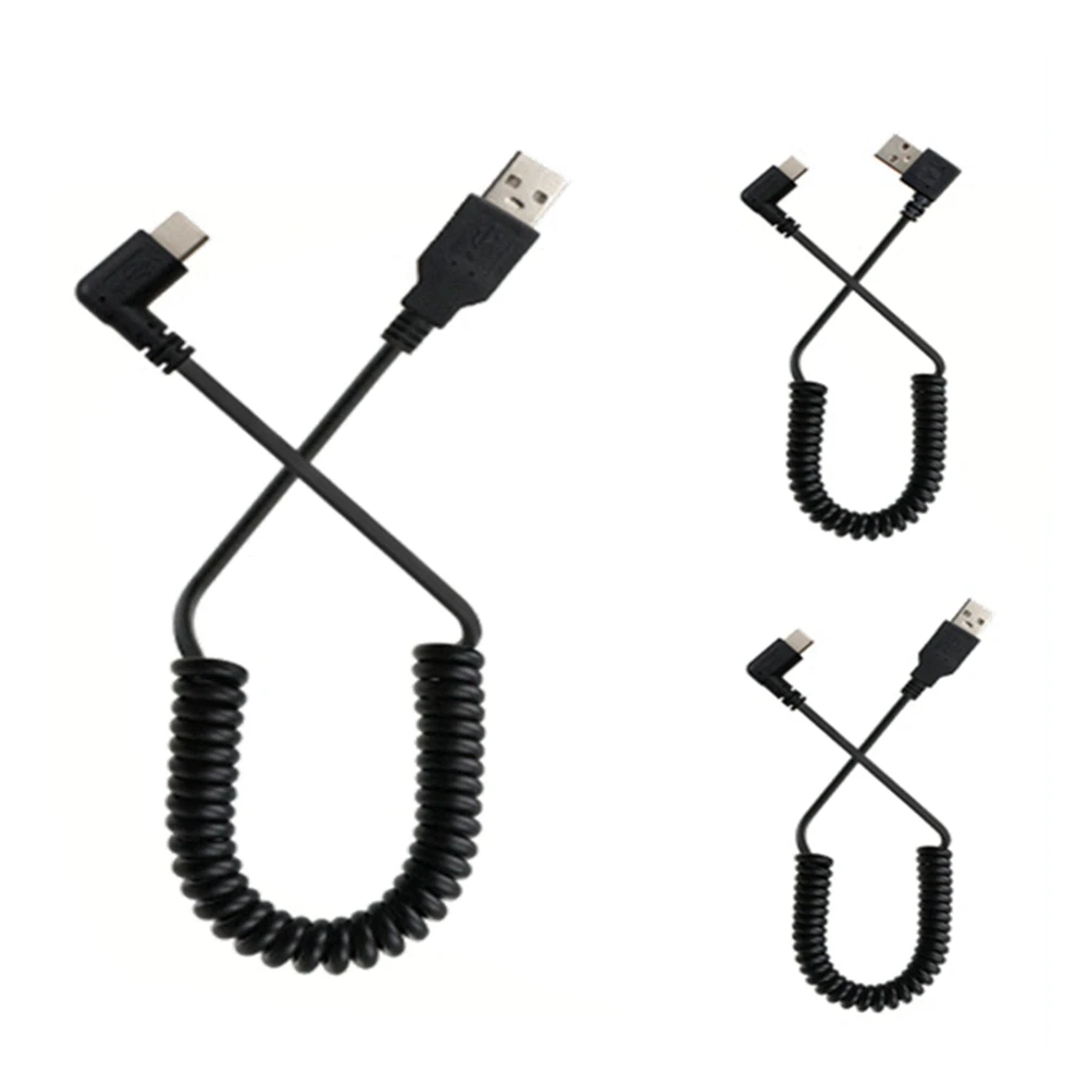 

100CM 3FT Stretched USB-C USB 3.1 C-type Male Thread Right Angle 90 Degree USB 2.0 A Plug Spring Data Cable Charging Cable