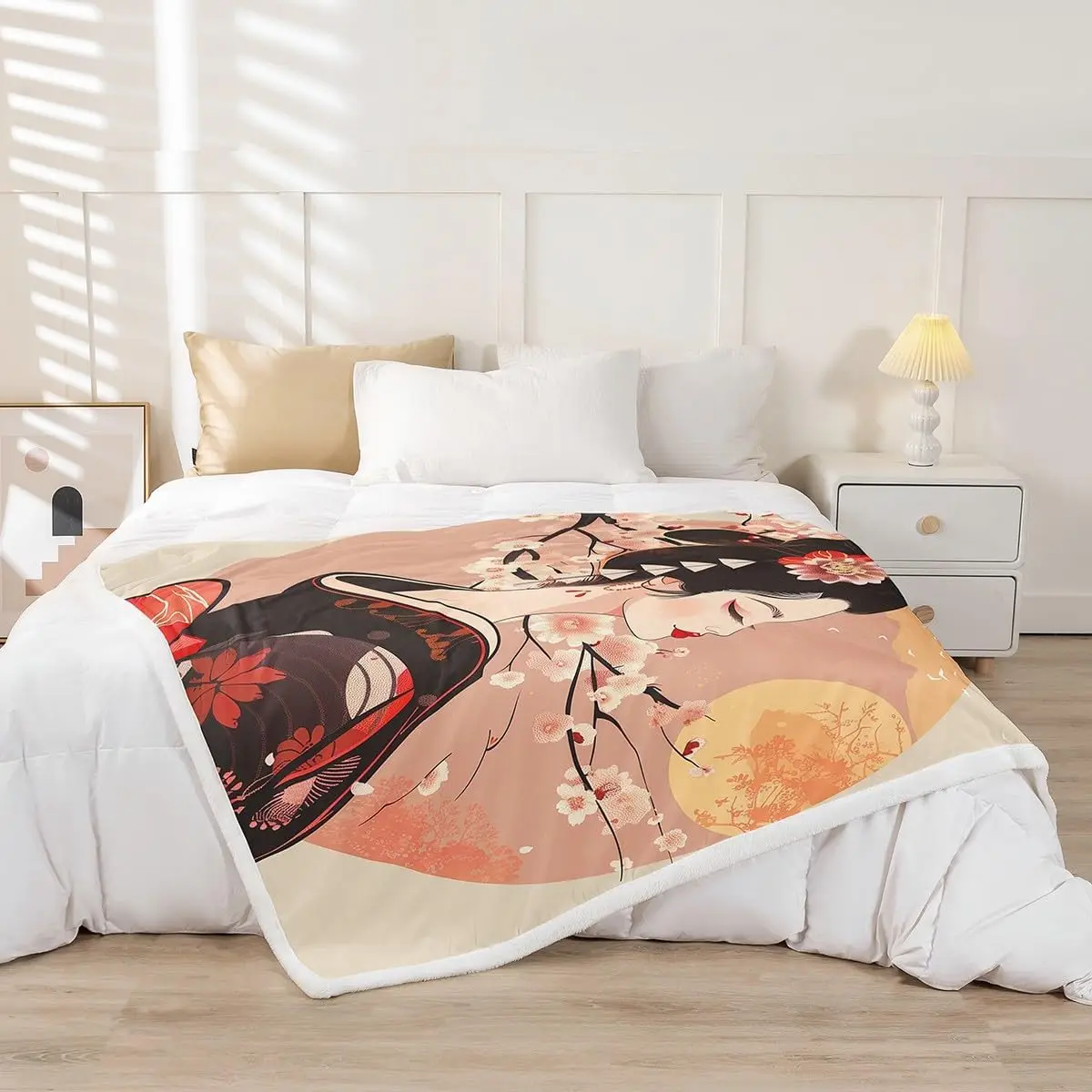 Kids Japanese Geishas Fleece Throw Blanket Queen Boys Girls Cherry Blossoms Plush Blanket Japanese Style Sherpa Blanket Japanese