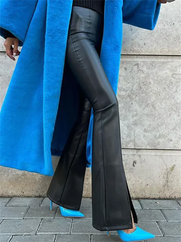 2025 New PU Leather Spilt Out Flared Pants Casual White Slim High Waist Trousers Wide Leg Pants For Women Spring view 2