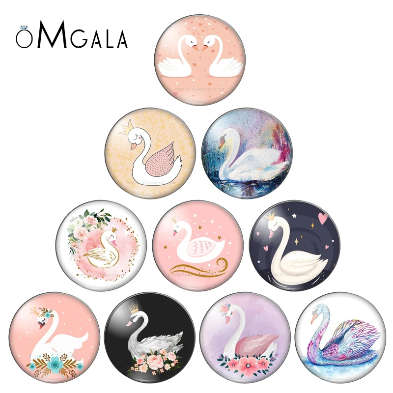 New beauty artistic Swan mixed 10pcs 8mm/10mm12mm/18mm/20mm/25mm Round photo glass cabochon demo flat back Making findings