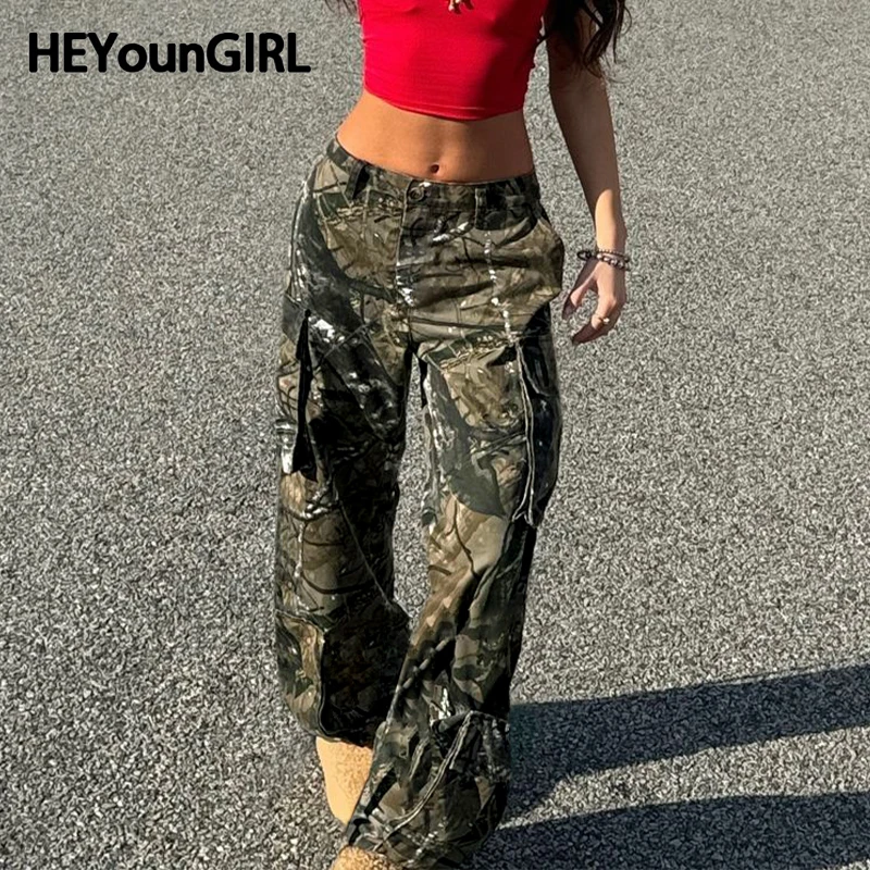 HEYounGIRL Y2K Fashion Camouflage Pants Women Autumn Vintage Harajuku Straight Trousers Grunge Style Joggers Streetwear Outfits