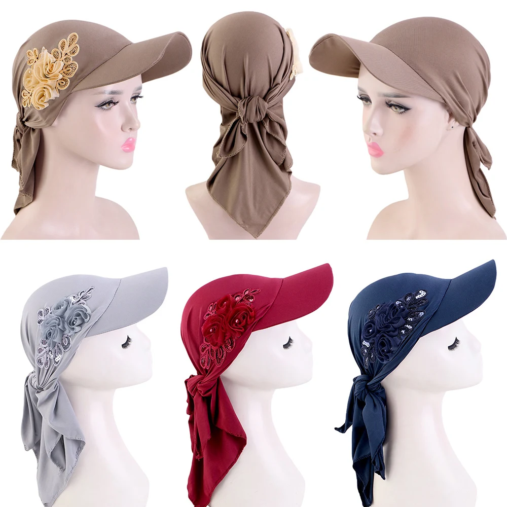 Women Muslim Hijab Turban Hat Girls Baseball Cap Sun Hats Headscarf Scarf Caps Glitter Flower Fashion New Ladies Soft Scarves