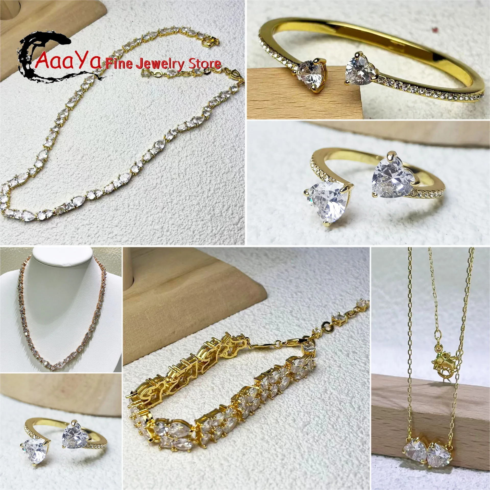 

Оригинальный 2025 новый модный комплект ювелирных украшений с золотыми кристаллами для женщин, серьги с каплями воды, кольцо в форме сердца, браслет, вечерние украшения