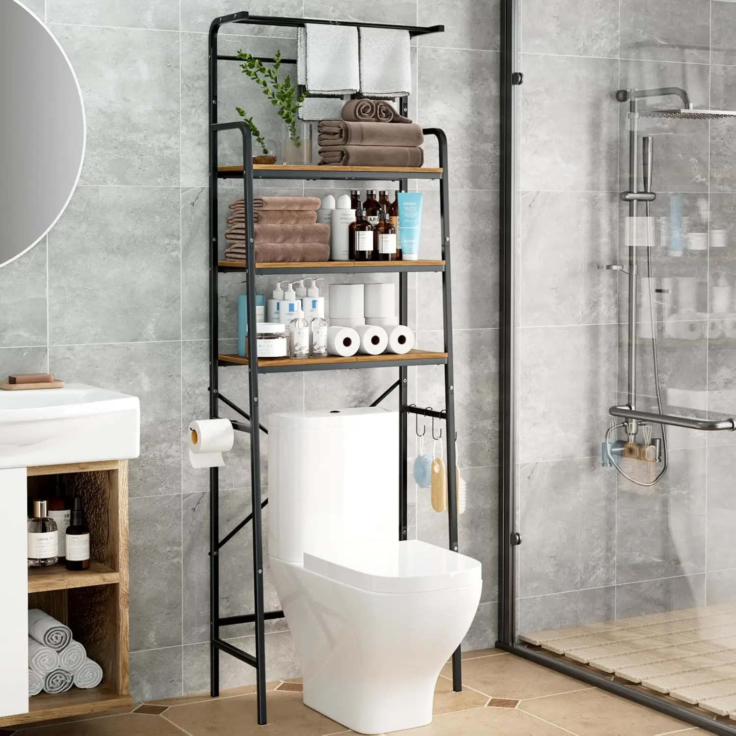 

Over-The-Toilet Storage Rack, 3-Tier Bathroom Organizer Shelf with Hanging Bar, Industrial Metal Frame with Rustic Wood Shelv